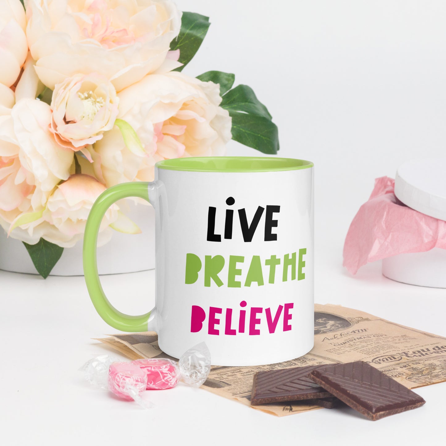 LIVE BREATHE BELIEVE Inspo Mug - 11 oz. (White/Green)